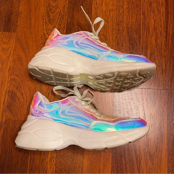 Unicorn Pastel Holographic Lace Up Sneakers Lucky Step Size 7 Platform Kicks EUC - Picture 8 of 13